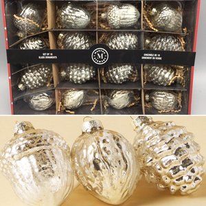 x16 Martha Stewart Frosted Silver Mercury Glass Ornament Set Pinecone Acorn NEW